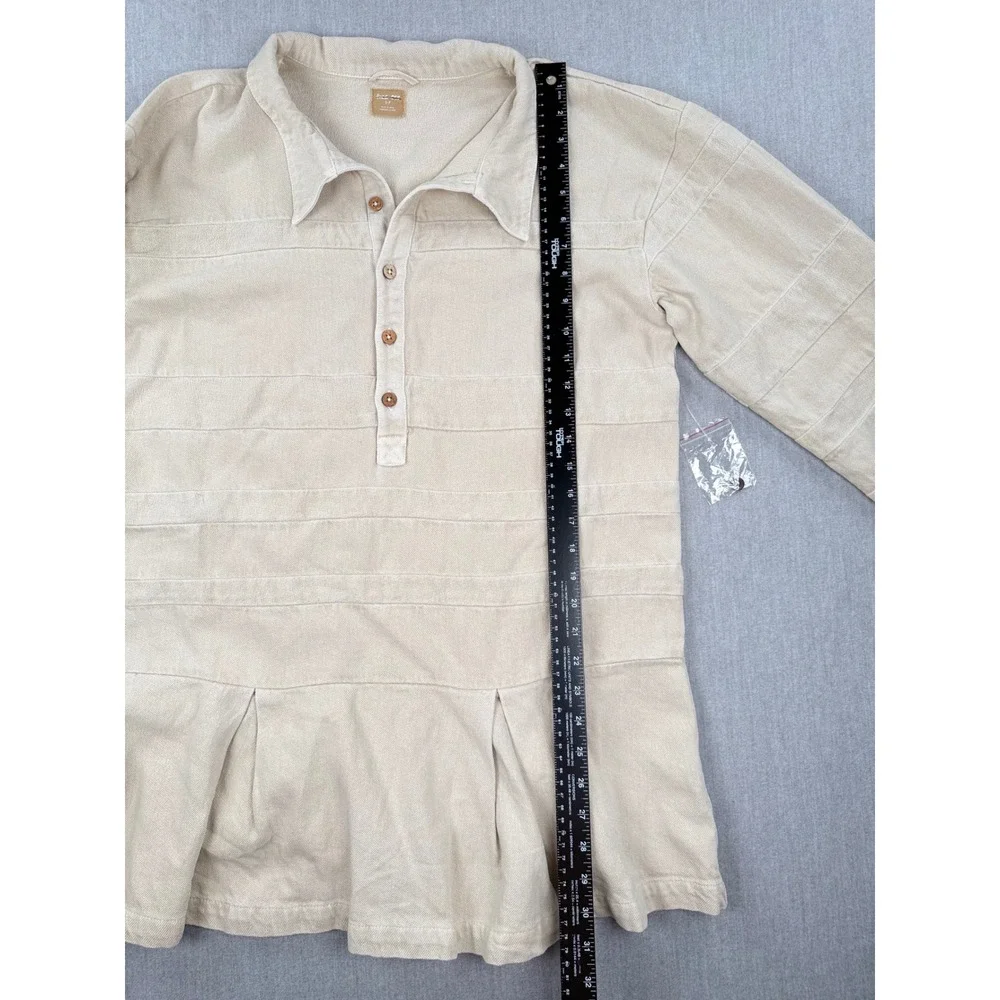 Free People Tan‎ Cotton Ribbed Henley Peplum Tunic Top Long Sleeve Beige Small